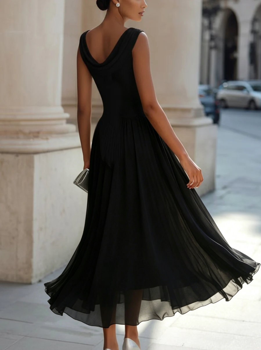 Sleeveless Pleated Midi Dress with Draped Neckline