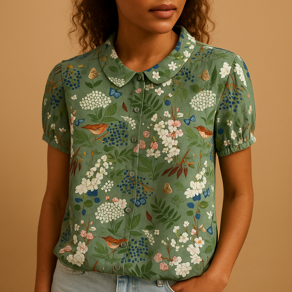 Fleur Women's Floral Print Lightweight Blouse with Relaxed Fit