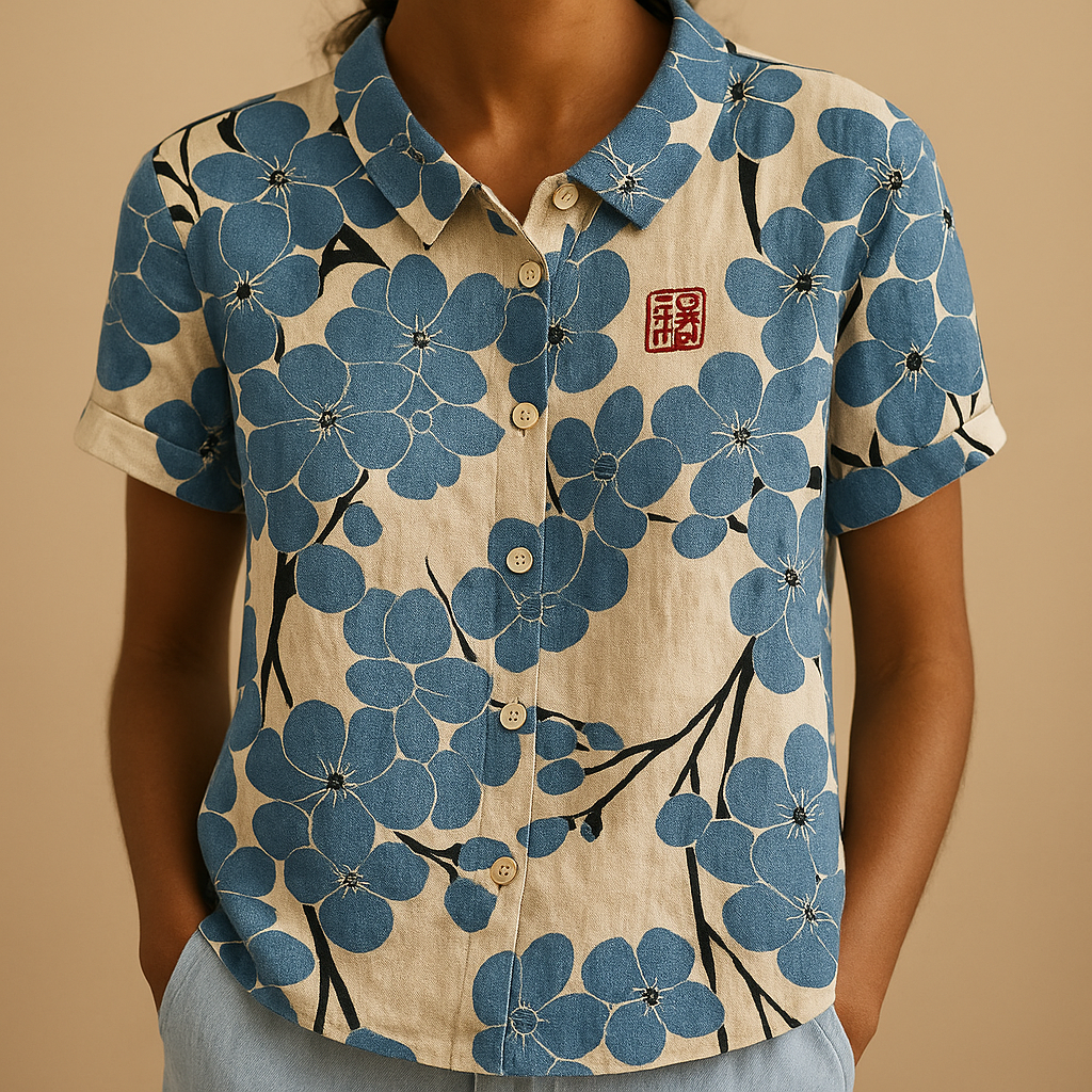 Fleur Women's Floral Print Lightweight Blouse with Relaxed Fit