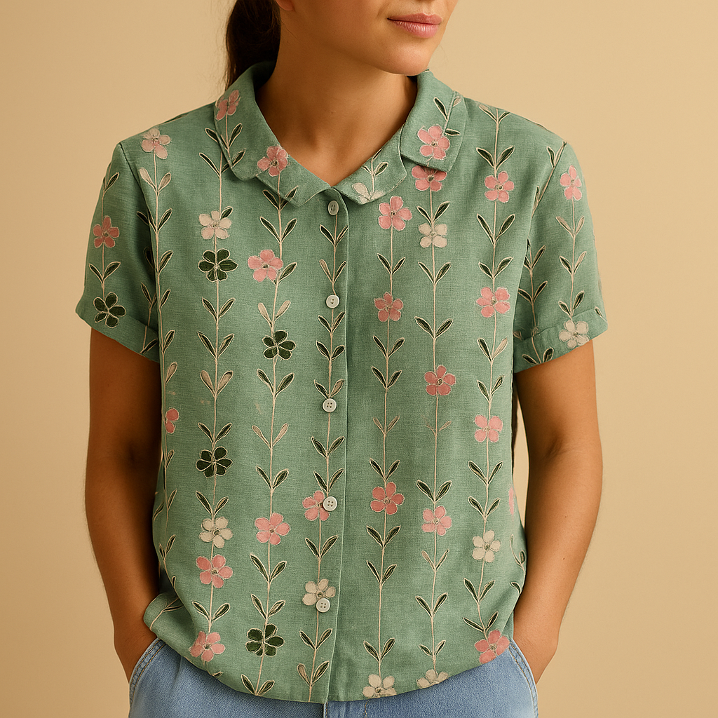 Fleur Women's Floral Print Lightweight Blouse with Relaxed Fit