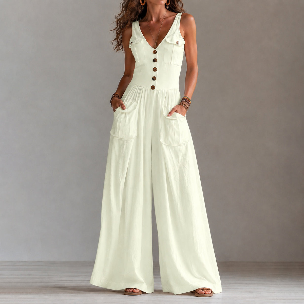 Retro V-neck Button-down Vest Jumpsuit