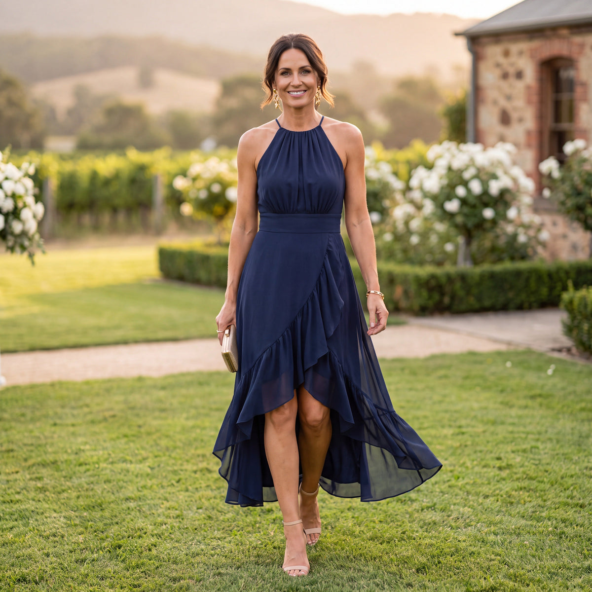 Eloise the elegant asymmetric ruffle midi dress