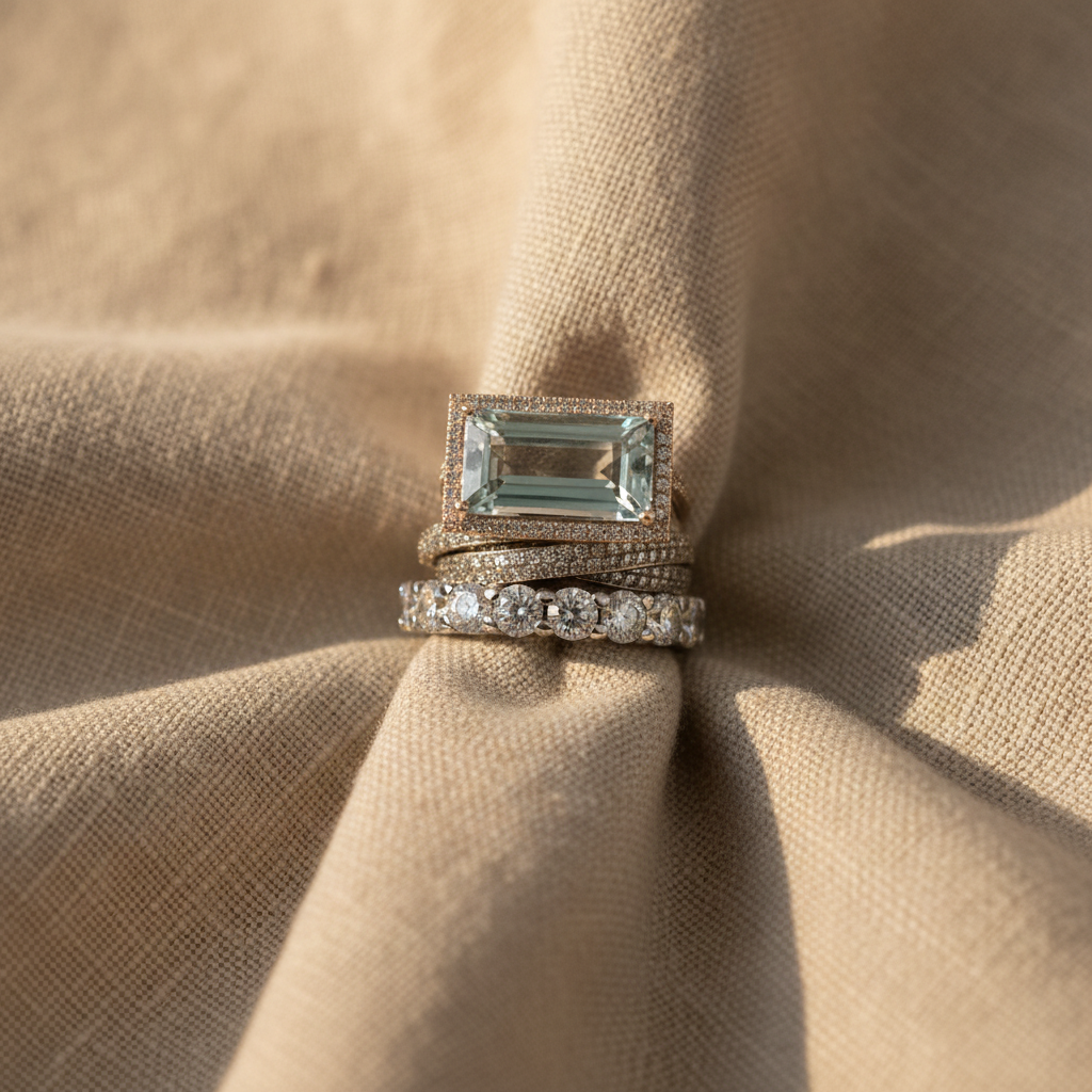 Lorenza set of 3 art deco rings with aquamarine