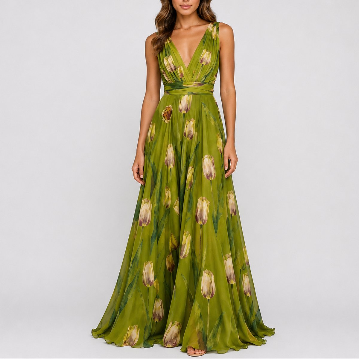 Mia | Women's Floral Chiffon V-Neck Fall Wedding Guest Maxi Dress