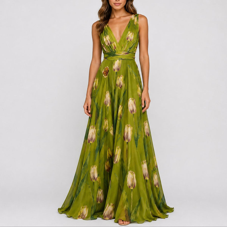 Mia | Women's Floral Chiffon V-Neck Fall Wedding Guest Maxi Dress