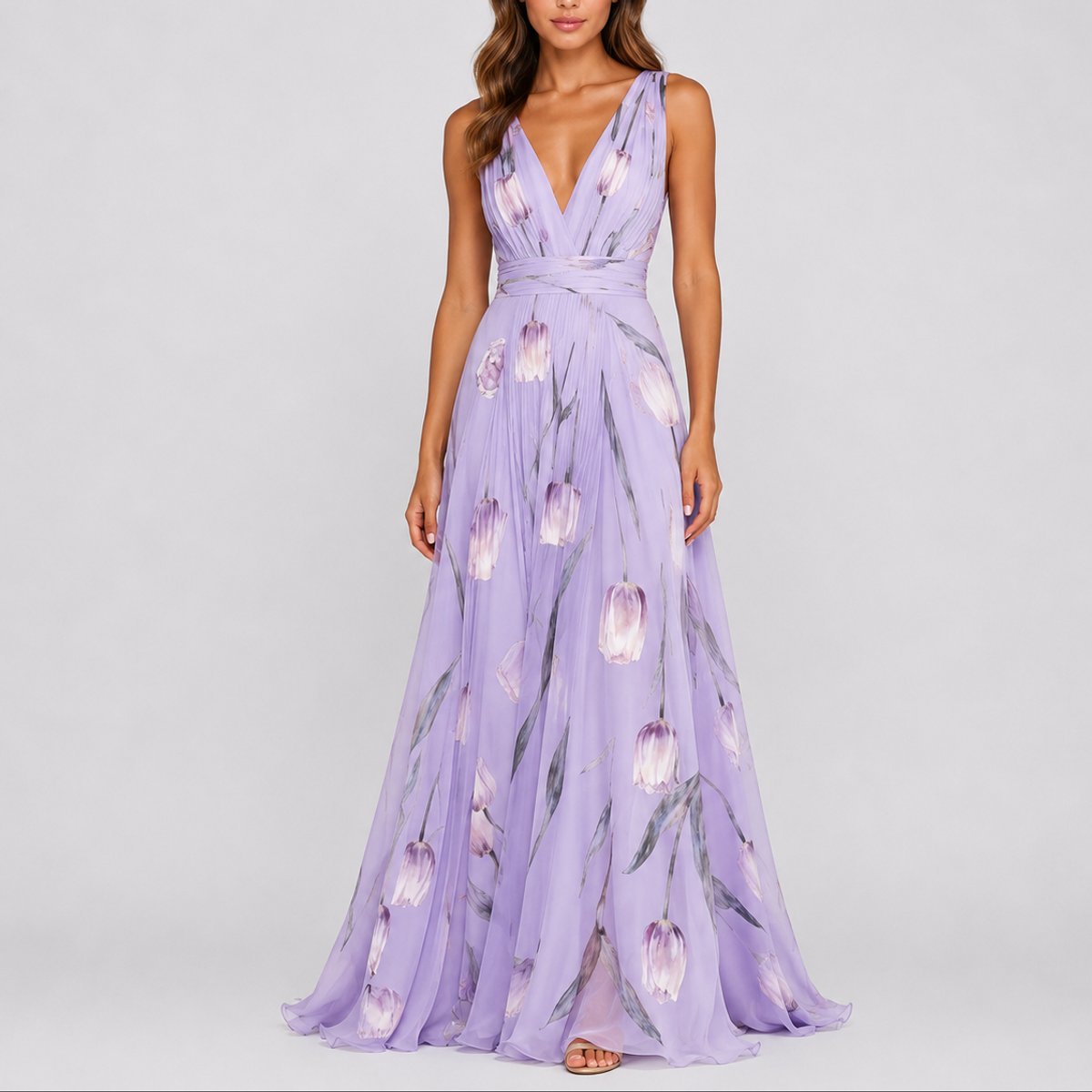 Mia | Women's Floral Chiffon V-Neck Fall Wedding Guest Maxi Dress
