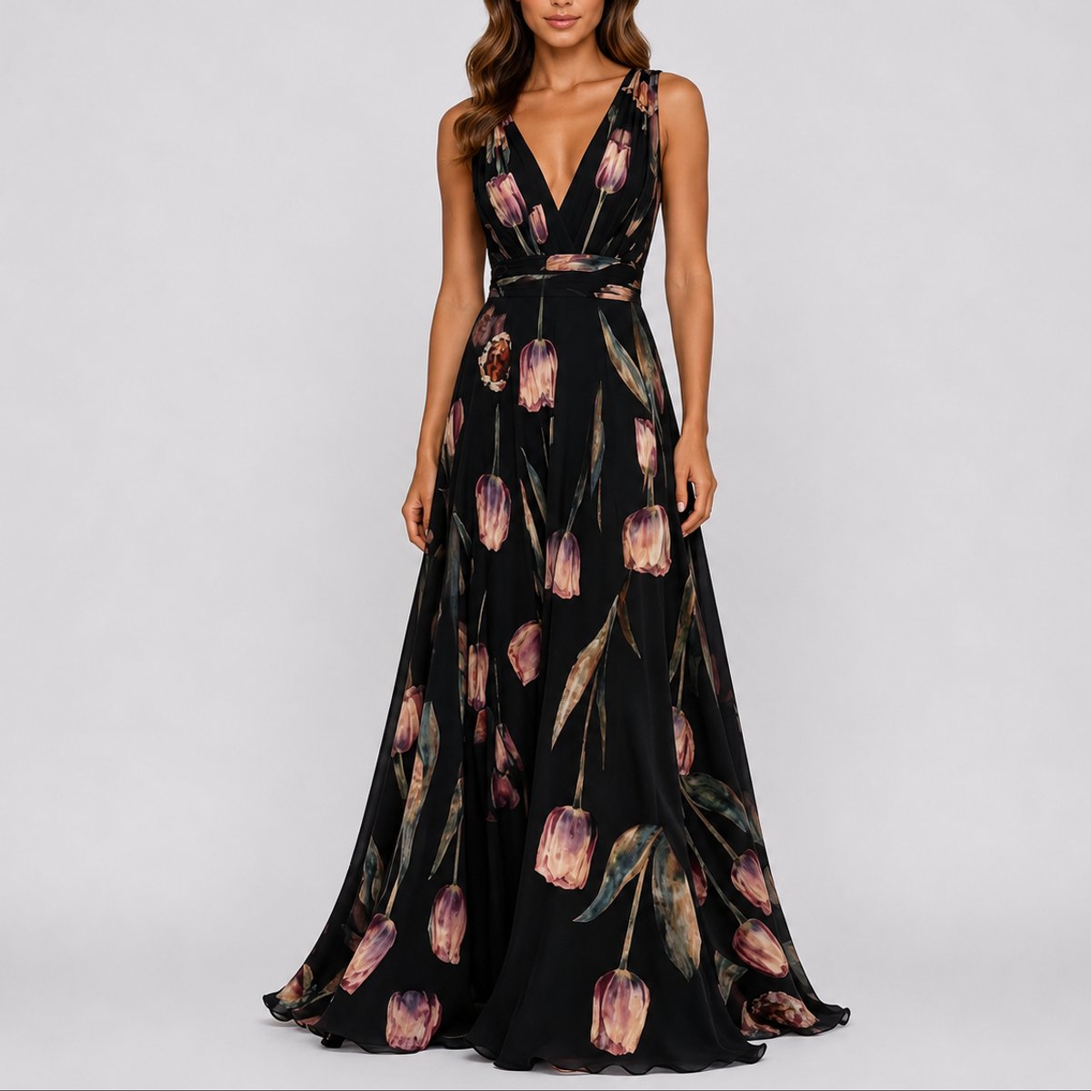 Mia | Women's Floral Chiffon V-Neck Fall Wedding Guest Maxi Dress