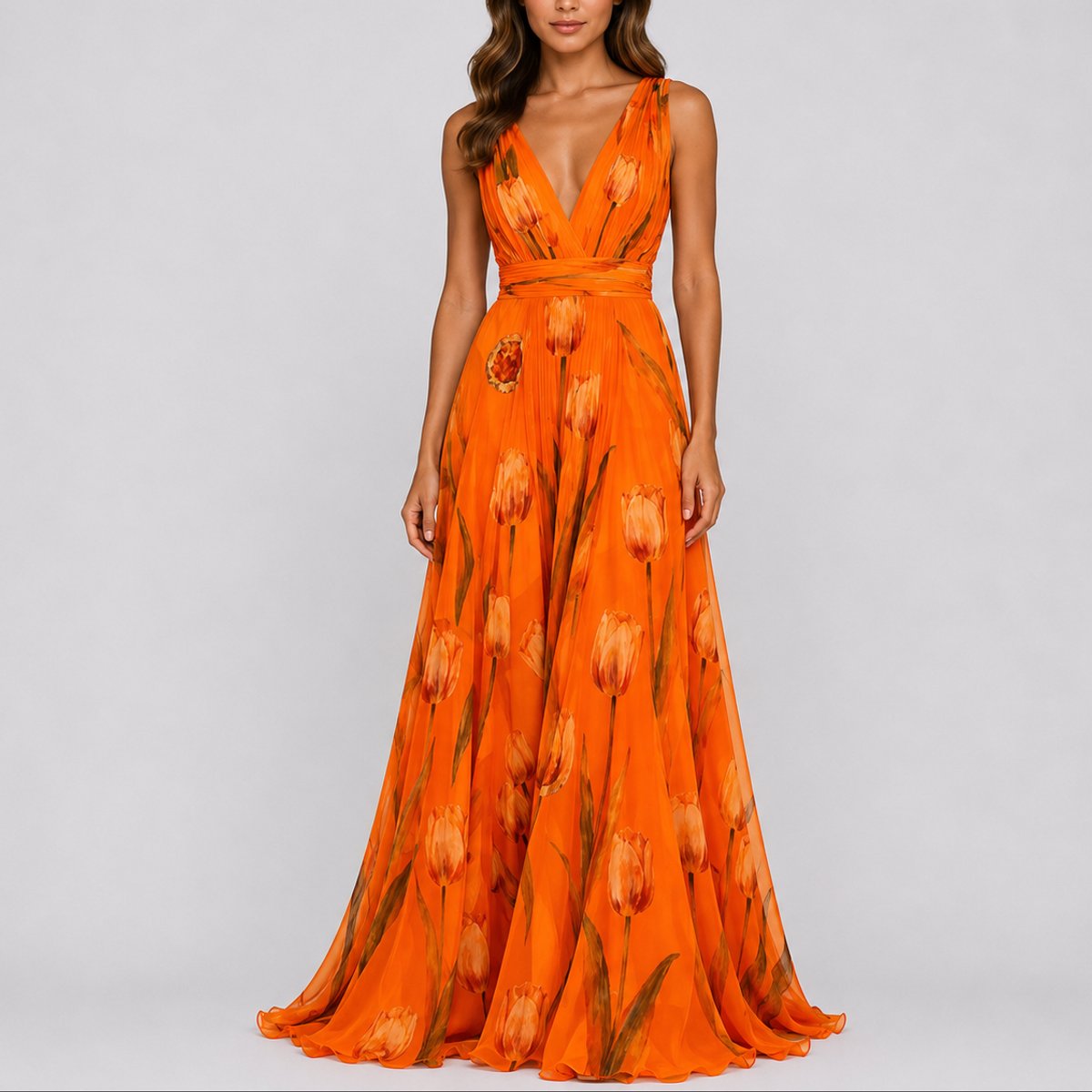 Mia | Women's Floral Chiffon V-Neck Fall Wedding Guest Maxi Dress
