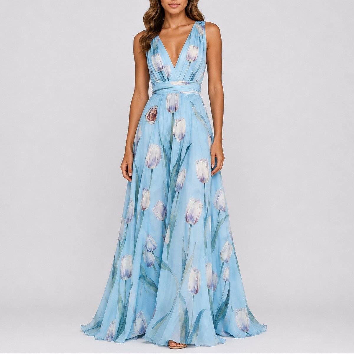 Mia | Women's Floral Chiffon V-Neck Fall Wedding Guest Maxi Dress