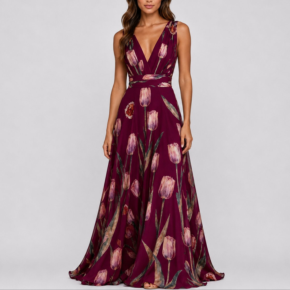 Mia | Women's Floral Chiffon V-Neck Fall Wedding Guest Maxi Dress